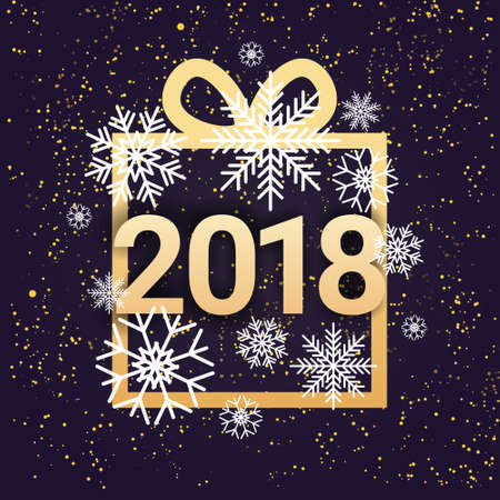 New Year 2018 Decoration Design Present Box With Beautiful Snowflakes Over Blue Background Vector Illustrationのイラスト素材