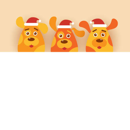 Dogs Wearing Santa Hats Over White Background With Copy Space Holiday Banner Design Vector Illustrationのイラスト素材