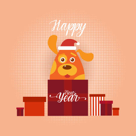 New Year 2018 Retro Poster Holiday Greeting Card With Dog Wearing Santa Hat Vector Illustrationのイラスト素材