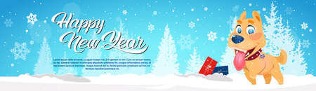 Happy New Year Horizontal Banner With Dog Over Winter Forest Landspace Flat Vector Illustrationのイラスト素材