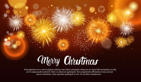 Christmas Fireworks Bursting And Sparkling Against Night Background Happy New Year Banner Vector Illustrationのイラスト素材