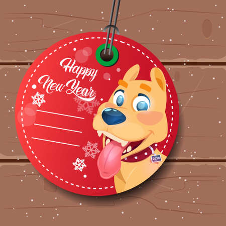 New Year Sale Tag Red With Dog Holiday Discount On Wooden Textured Background Vector Illustrationのイラスト素材