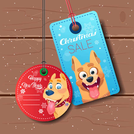 New Year Sale Tags Set With Dog Holiday Discount On Wooden Textured Background Vector Illustrationのイラスト素材