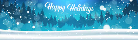 Happy Holidays Banner Background Winter Forest Landscape Night Falling Snow Pine Trees Woods Flat Vector Illustrationのイラスト素材