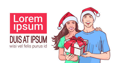 Couple Wearing Santa Hats Hold Gift Box Man And Woman Over White Background With Copy Space Vector Illustrationのイラスト素材