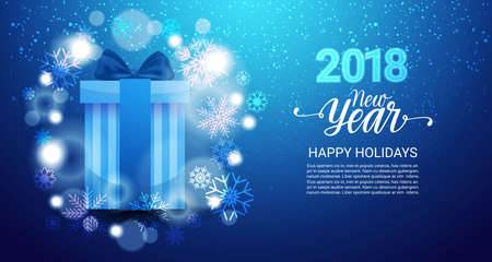 Happy New Year Background Poster Decorated With Glittering Gift Box And Snowflakes Vector Illustrationのイラスト素材