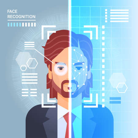 Face Recognition System Scanning Eye Retina Of Business Man Modern Identification Technology Access Control Concept Vector Illustrationのイラスト素材