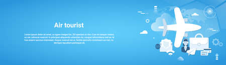 Air Tourist Web Horizontal Banner With Copy Space On Blue Background Tourism Concept Vector Illustrationのイラスト素材