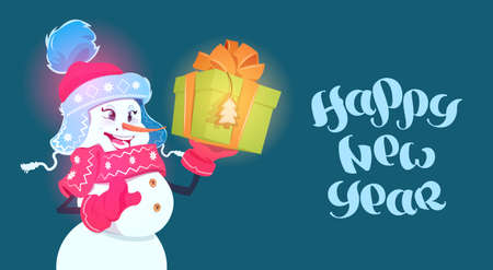 Happy New Year Poster Snowman Girl Hold Gift Box Winter Holidays Concept Flat Vector Illustrationのイラスト素材