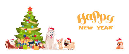 Christmas Tree And Cute Dogs In Santa Hats On White Background Happy New Year 2018 Banner Holiday Greeting Poster Flat Vector Illustrationのイラスト素材