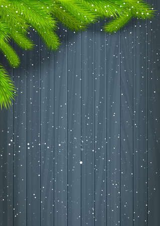 Winter Background Wooden Texture With Green Christmas Tree Branches And Snowflakes Vector Illustrationのイラスト素材