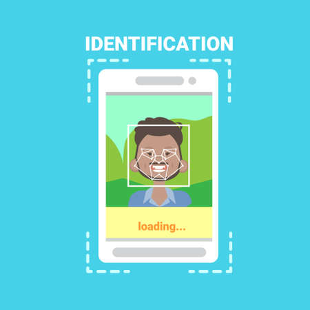 Smart Phone Loading Face Identification System Scanning African American Man User Access Control Modern Technology Vector Illustrationのイラスト素材