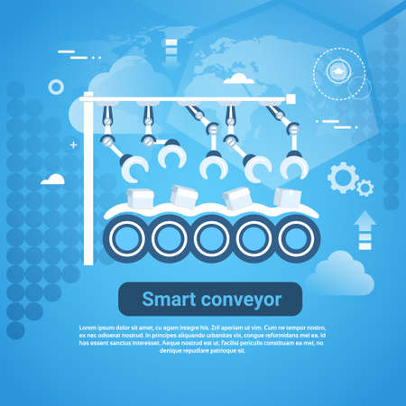 Smart Conveyor Web Banner With Copy Space On Blue Background Vector Illustrationのイラスト素材