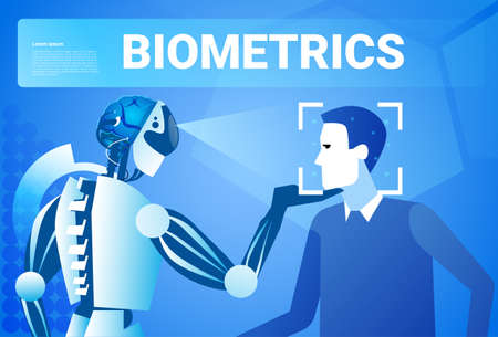 Robot Scanning Man Face Biometric Identification Access Control Technology Recognition System Concept Vector Illustrationのイラスト素材