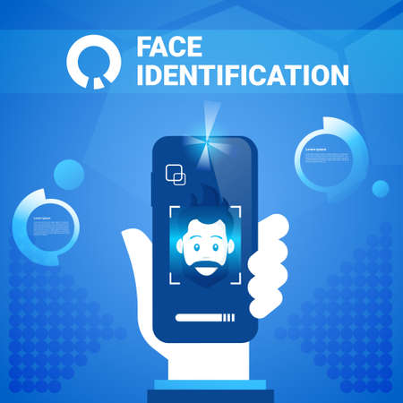 Hand Hold Smart Phone Face Identification Technology Scannig Man Access Control System Biometrical Recognition Concept Vector Illustrationのイラスト素材
