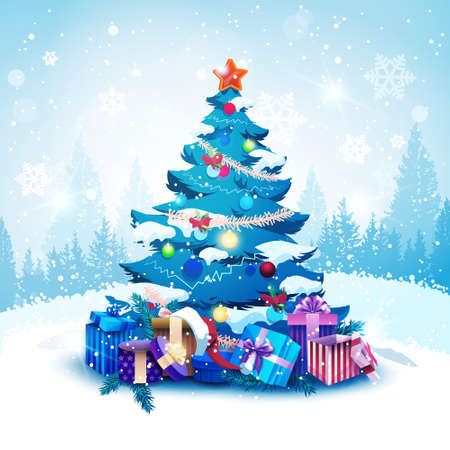 Blue Christmas Tree Decorated With Colorful Balls And Garland Gift Present Boxes Over Winter Forest Landscape Flat Vector Illustrationのイラスト素材