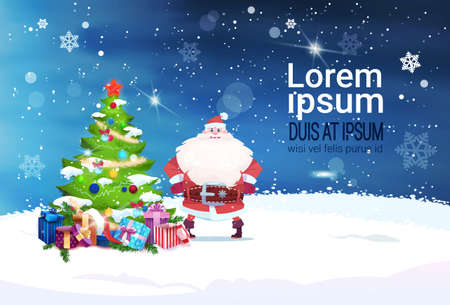Holiday Banner With Copy Space Santa Claus Standing At Christmas Tree Decoration Design Flat Vector Illustrationのイラスト素材