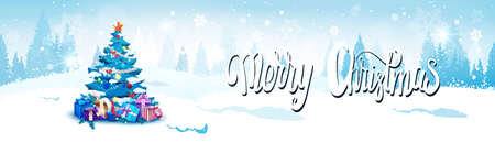 Merry Christmas Background With Winter Forest Landscape And Decorated Blue Fir Tree Horizontal Banner Flat Vector Illustrationのイラスト素材