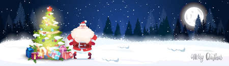 Night Winter Forest Landscape With Glowing Christmas Tree And Santa Claus Horizontal Banner Flat Vector Illustrationのイラスト素材