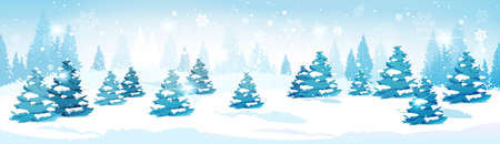Winter Forest Landscape Snowy Pine Trees Horizontal Banner Flat Vector Illustrationのイラスト素材