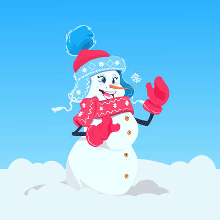 Cute Girl Snowman Wearing Winter Hat And Scarf Happy Smiling Flat Vector Illustrationのイラスト素材