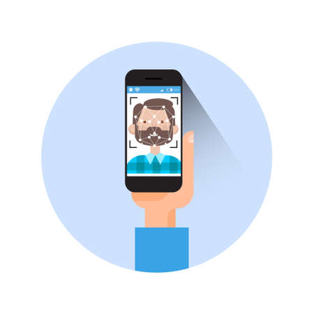 Icon Hand Holding Smart Phone Scanning Man Face Modern Identification System Concept Vector Illustrationのイラスト素材