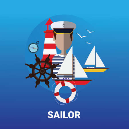 Sailor Man Icon Sail Ship Crew Concept Flat Vector Illustrationのイラスト素材