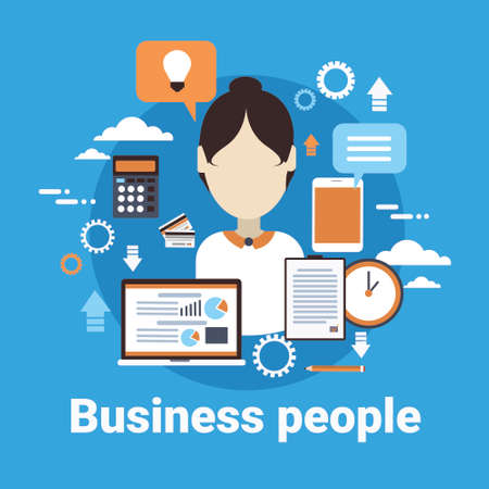 Business People Female Avatar On Blue Background Office Stuff Icon Flat Vector Illustrationのイラスト素材