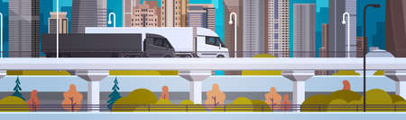 Highway With Semi Trucks Trailers Driving Over Modern City Buildings Horizontal Banner Flat Vector Illustrationのイラスト素材