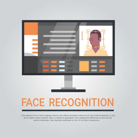 Face Recognition Technology Computer Security System Scanning African American Male User Biometric Identification Concept Vector Illustrationのイラスト素材