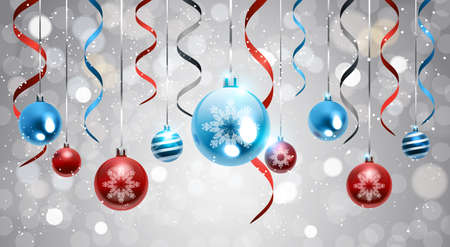 Christmas Background With Glossy Balls And Ribbons Colorful New Year Decoration Banner Vector Illustrationのイラスト素材