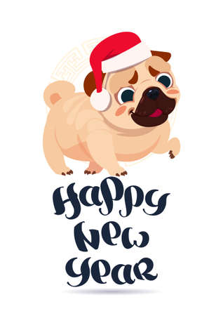 Pug dog in Santa hat on Happy New Year greeting card. Holiday banner, vector illustration.のイラスト素材