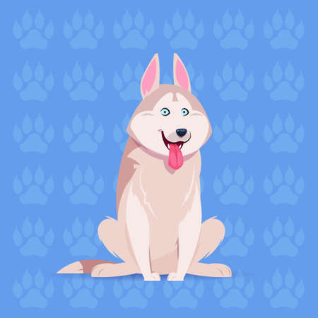 Dog husky, happy cartoon sitting over footprints background. Cute pet, vector illustration.のイラスト素材