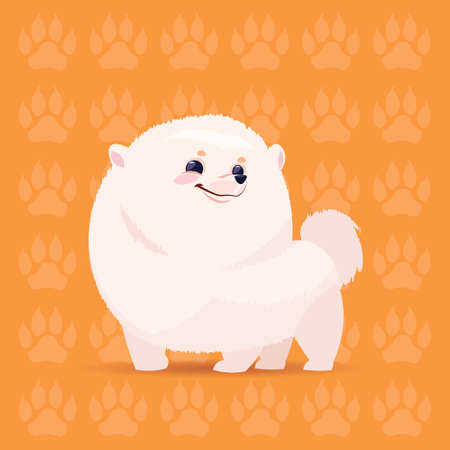 Dog Pomeranian, happy cartoon sitting over footprints background. Cute pet, vector illustration.のイラスト素材