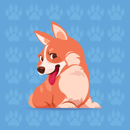 Dog corgi, happy cartoon sitting over footprints background. Cute pet, vector illustration.のイラスト素材