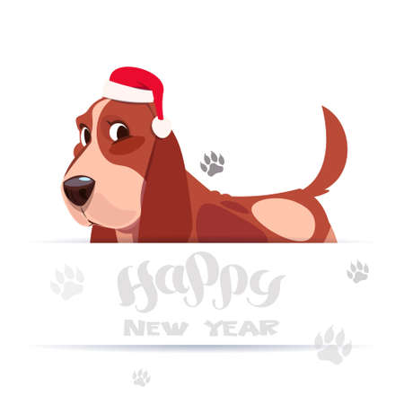 Cute Basset Dog In Santa Hat On Happy New Year Greeting Card Holiday Lettering Banner Over Foot Prints On White Background Flat Vector Illustrationのイラスト素材
