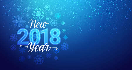 New Year 2018 greeting banner with snowflakes on blue background, vector illustration.