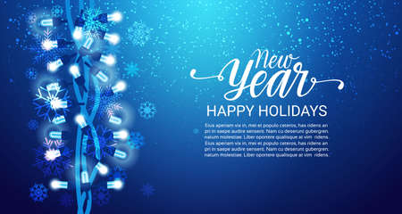 New Year, happy holidays background. Snowfall on blue, shine garland decoration banner With copy space,  vector illustration.のイラスト素材