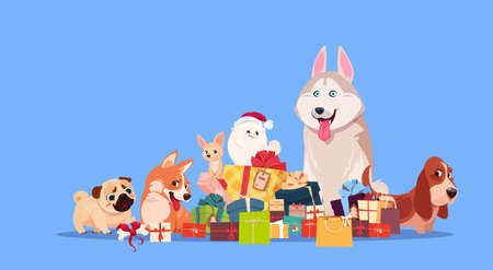 Group of cute dog sitting at gifts stack. Symbol Of New Year 2018. Holiday present decoration, vector illustration.のイラスト素材