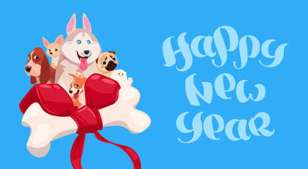 Happy New Year lettering with cute dog on decorated bone background, vector illustration.のイラスト素材