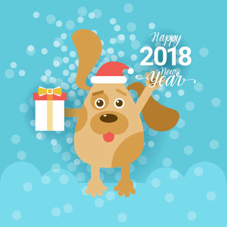 New Year 2018 Greeting Card With Dog Holding Present Box And Wearing Santa Hat Vector Illustrationのイラスト素材