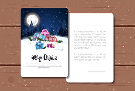Holiday greeting card, Merry Christmas text over winter forest landscape background. Postcard on wooden texture, vector illustration.のイラスト素材