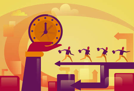 Hand holding big watch over running business people. Deadline concept, vector illustration.のイラスト素材