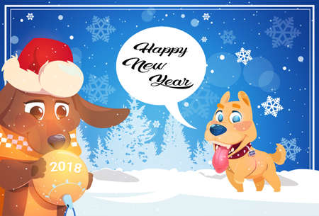 Happy winter holidays banner background with cute dogs over snowy forest. New Year greeting poster, vector illustration.のイラスト素材