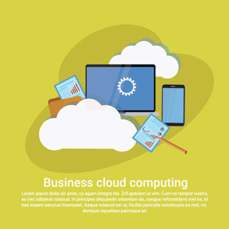 Business cloud computing services. Web template banner with copy space, vector illustration.のイラスト素材