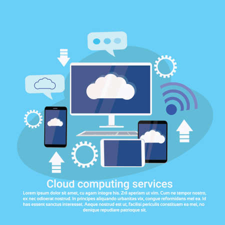 Cloud computing services. Web template banner with copy space, vector illustration.のイラスト素材
