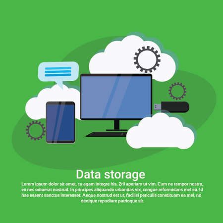 Data storage cloud computing services. Web template banner with copy space, vector illustration.のイラスト素材