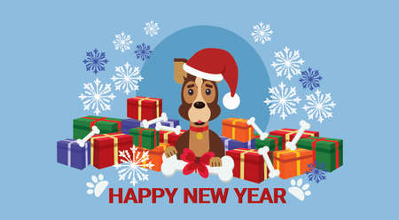 Winter holidays poster New Year 2018. Symbol dog wearing Santa hat over pile pf present boxes, vector illustration.のイラスト素材