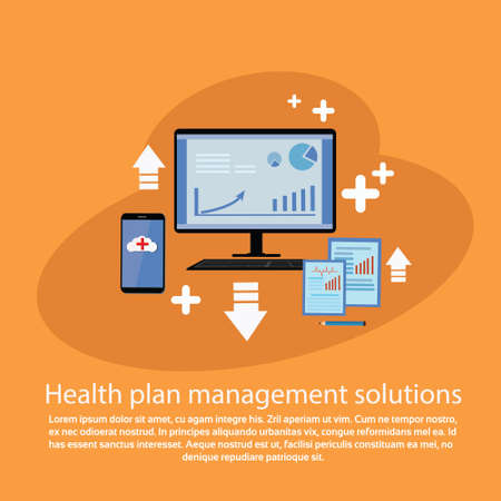 Health plan management solutions web template banner with copy space, vector illustration.のイラスト素材