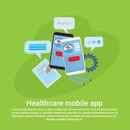 Healthcare mobile app web template banner with copy space, vector illustration.のイラスト素材